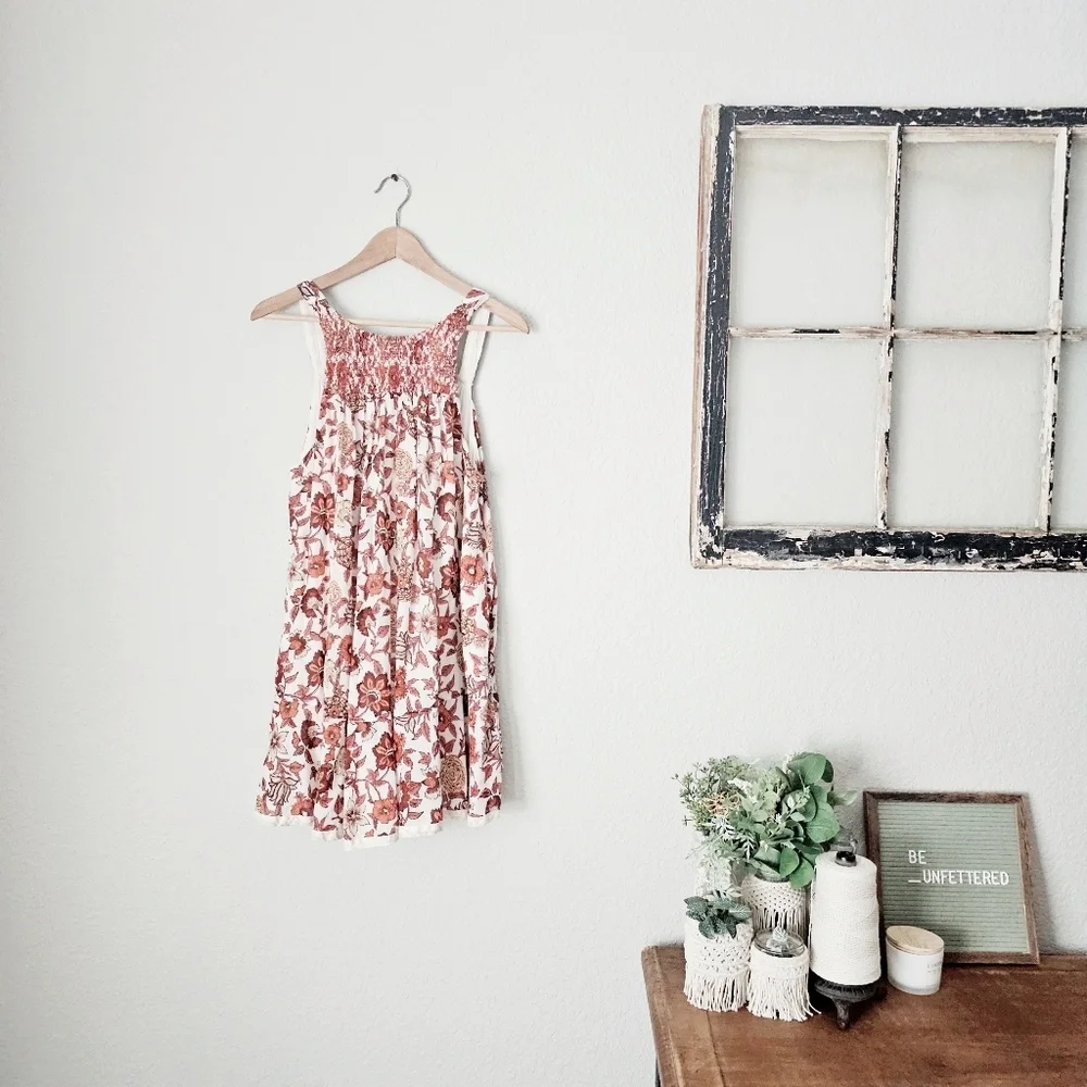 Free People Oh Baby Floral Mini Dress Swing Fully Lined White Cotton Smocked XS - Picture 2 of 16